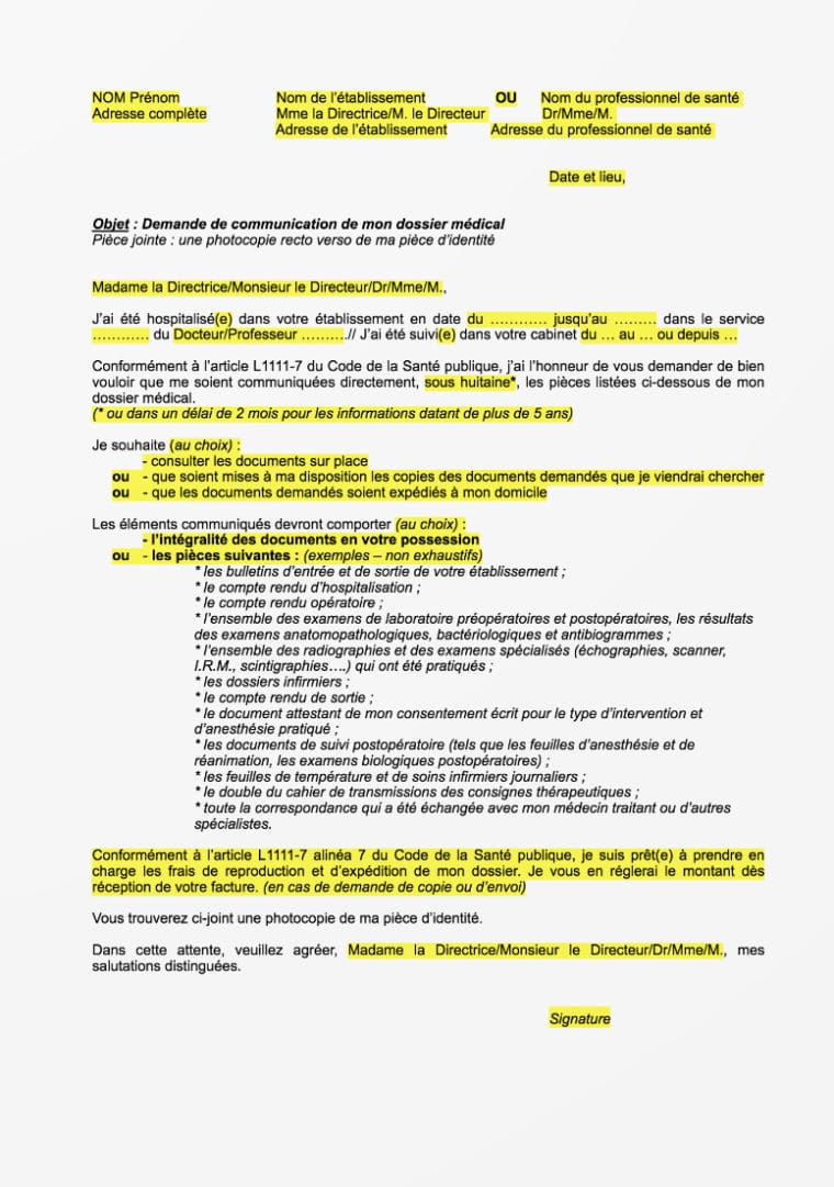 lettre de demande de dossier médical