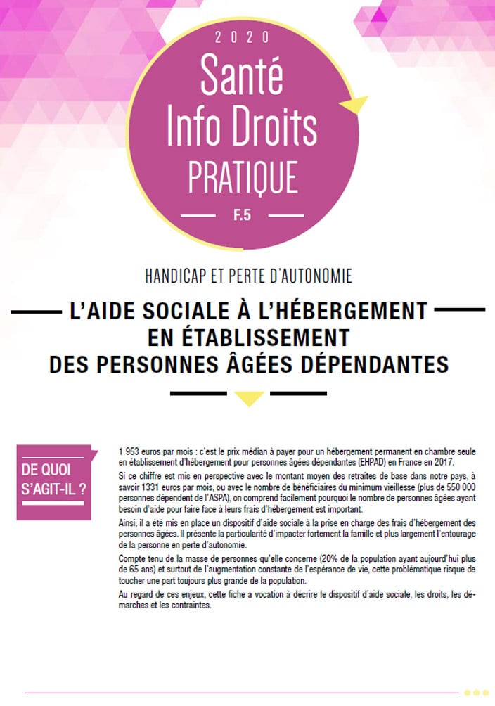 F.5 L'aide sociale à l'hébergement en établissement des personnes âgées  dépendantes - France Assos Santé